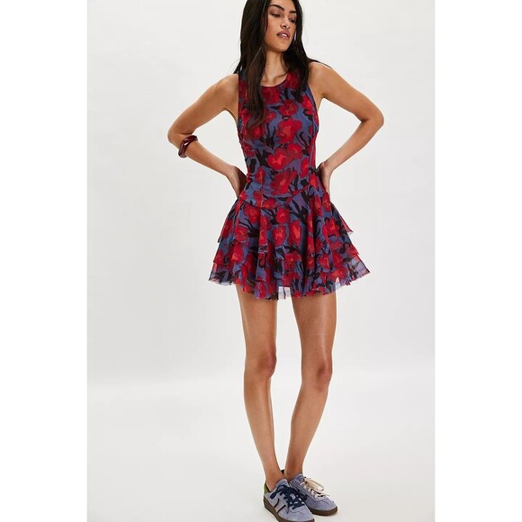 Free People Raven Printed Mini Dress Floral Smocked Tiered Cutout S New 281316 - Picture 3 of 8